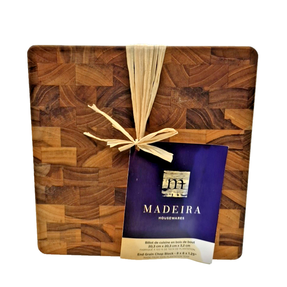 New Madeira Teak End Grain Cutting Board Square Butcher Block NWT 8" x 1.5
